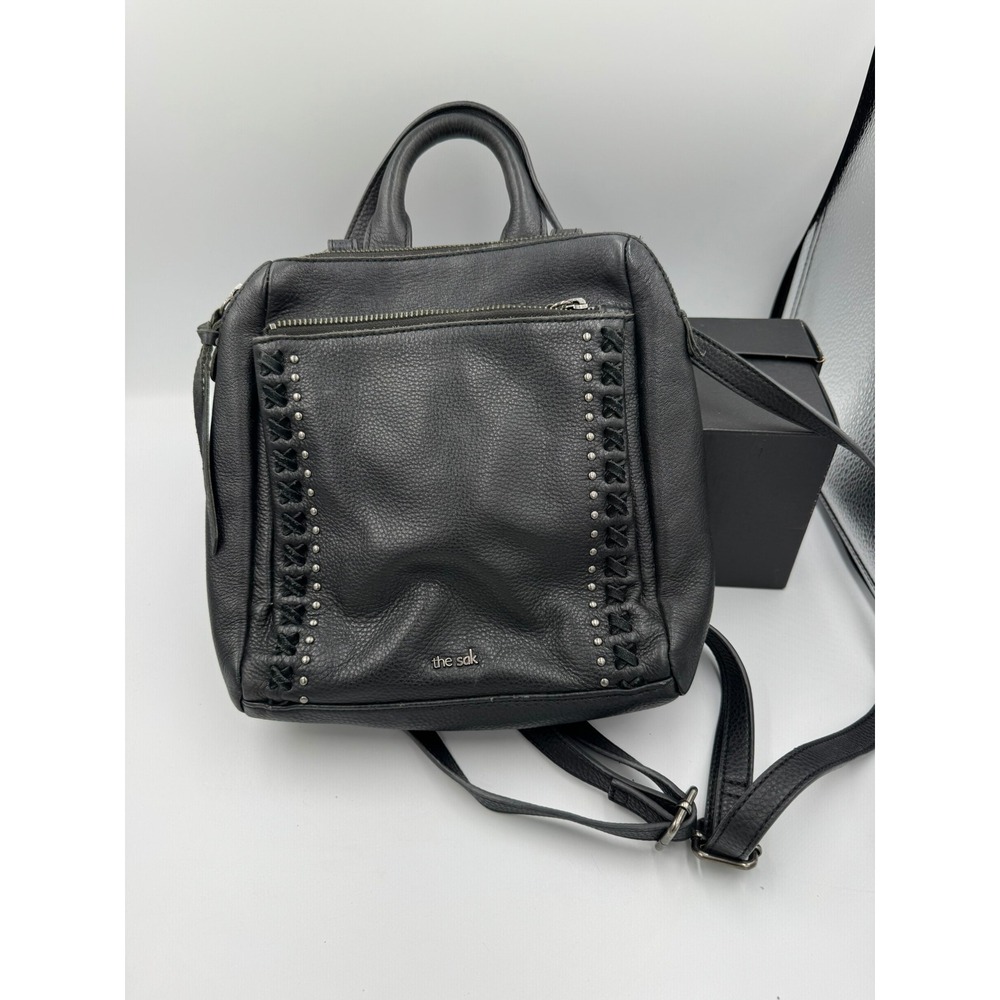 The Sak Black Pebbled Leather Loyola Studded Backpack Bag Top Handle Crossbody